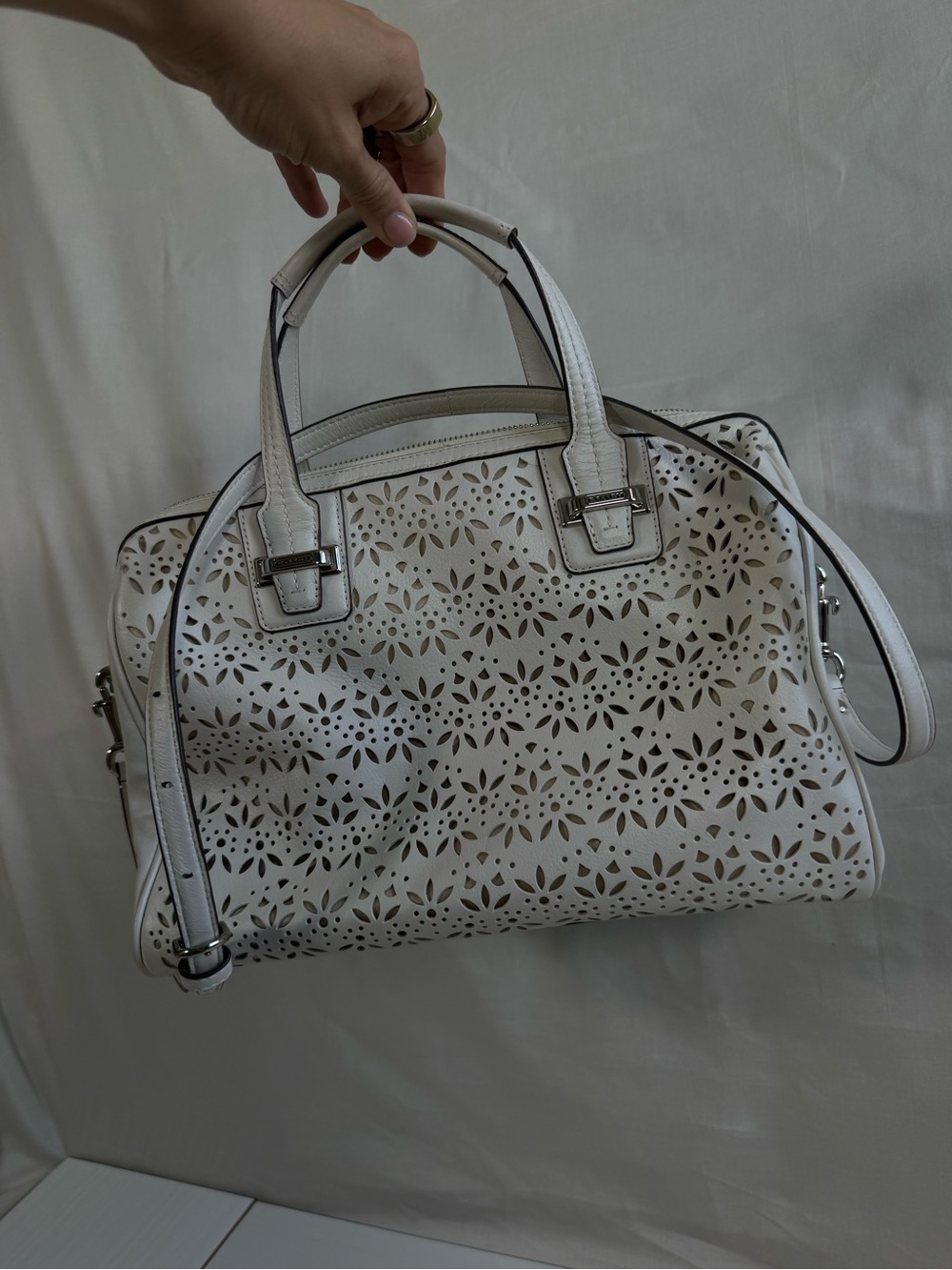 Coach White Laser-Cut Floral Satchel with Silver Hardware
